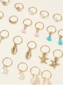24pcs Fashion Simple Starfish & Shell Golden Braided Hair Clips & Rings Set, Suitable For Women Daily Wear, Holiday Gift - Multicolor - View 3