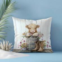 1 件 17.7*17.7 英寸 (45*45 厘米) [单面印花] 花卉牛仔靴高地牛印花涤纶抱枕套，适合日常使用、家居装饰、客厅沙发、卧室、汽车 [不含枕芯]