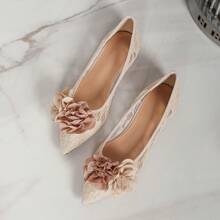 Women Lace Mesh Flats, Pointed Toe Camellia Versatile Comfortable Slip-On Shoes, Summer - Apricot - View 2