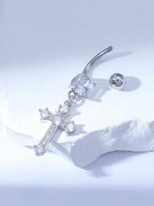 1pc Stylish Silver-Plated Cross Zirconia Navel Ring, Suitable For Women Everyday Wear, Birthday Gift, Bar Party, Beach Party - Silver - View 2