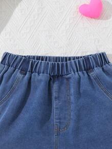 2pcs/Set Summer Girls Casual Cute Cartoon Printed Round Neck Short Sleeve T-Shirt And Denim Shorts Set - White - View 6