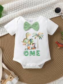 2pcs Set Casual Cute Gentleman Bowknot Decor Playful Dinosaur & Letter Print Romper And Solid Color Overalls Set, Soft Breathable Baby Boy Clothes, Infant Outfit, Newborn Baby Clothing, Baby Birthday Outfit, Suitable For Daily, Vacation, Party, Photo Shoot