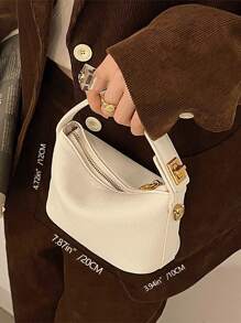 Metal Buckle Bento Lunch Box Handheld & Crossbody Small Square Bag - Beige - View 4