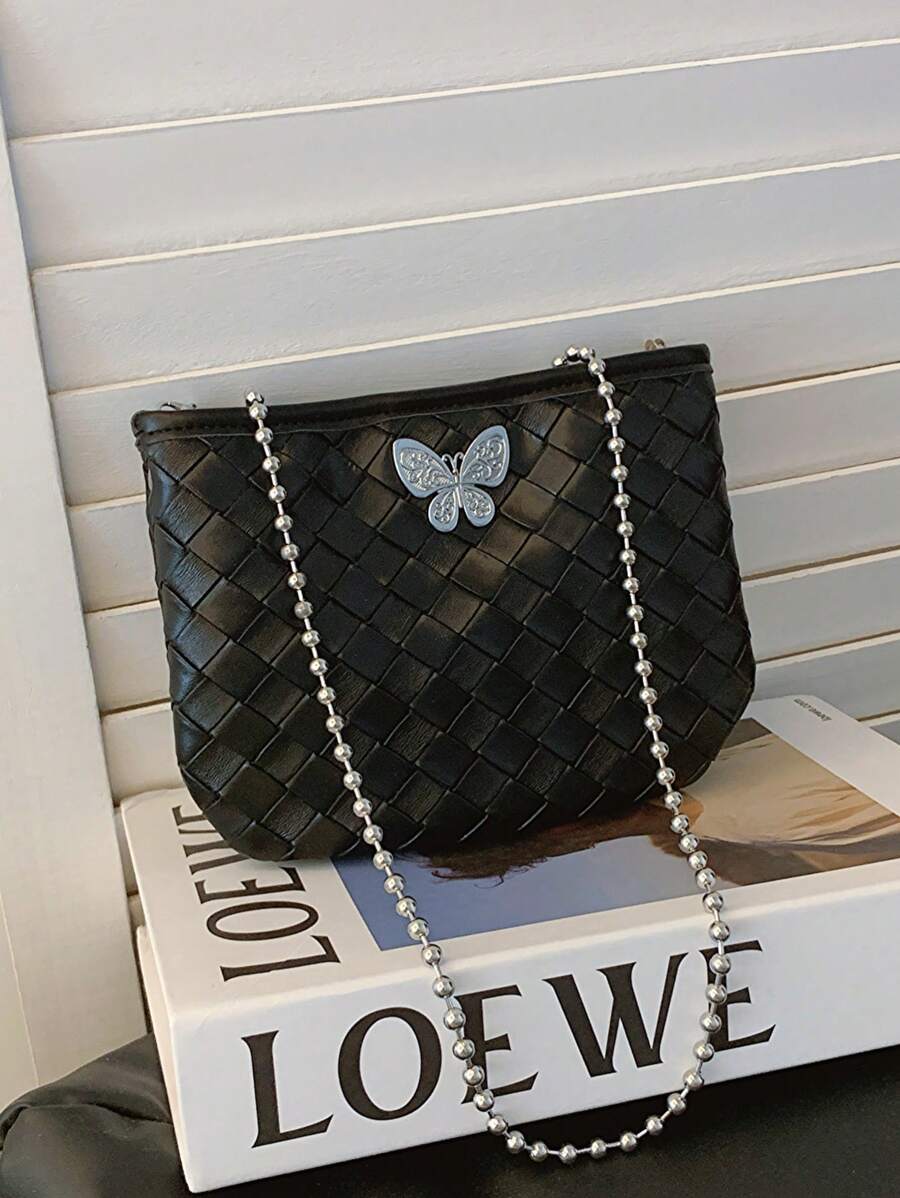 2025 New Fashion Woven Butterfly Decor Shoulder Handbag, Chic Small Square Crossbody Bag For Women