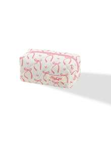 1 Piece Bow&Love Makeup Bag Fashionable Floral Makeup Organizer Set For Home Decor Quilted Rose Design Cosmetic Bag For University Student ,Girl Teenagers,White Collar,Pink Pouch Bag With Bow Zipper Travelling Stuff Storage Bag For Holiday - Multicolor - View 9