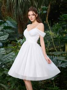 优雅涤纶薄纱半正式新娘礼服，露肩设计和蓬松薄纱裙 | 新娘送礼会和自然风活动宾客礼服，新娘 - 白色 - 查看 7