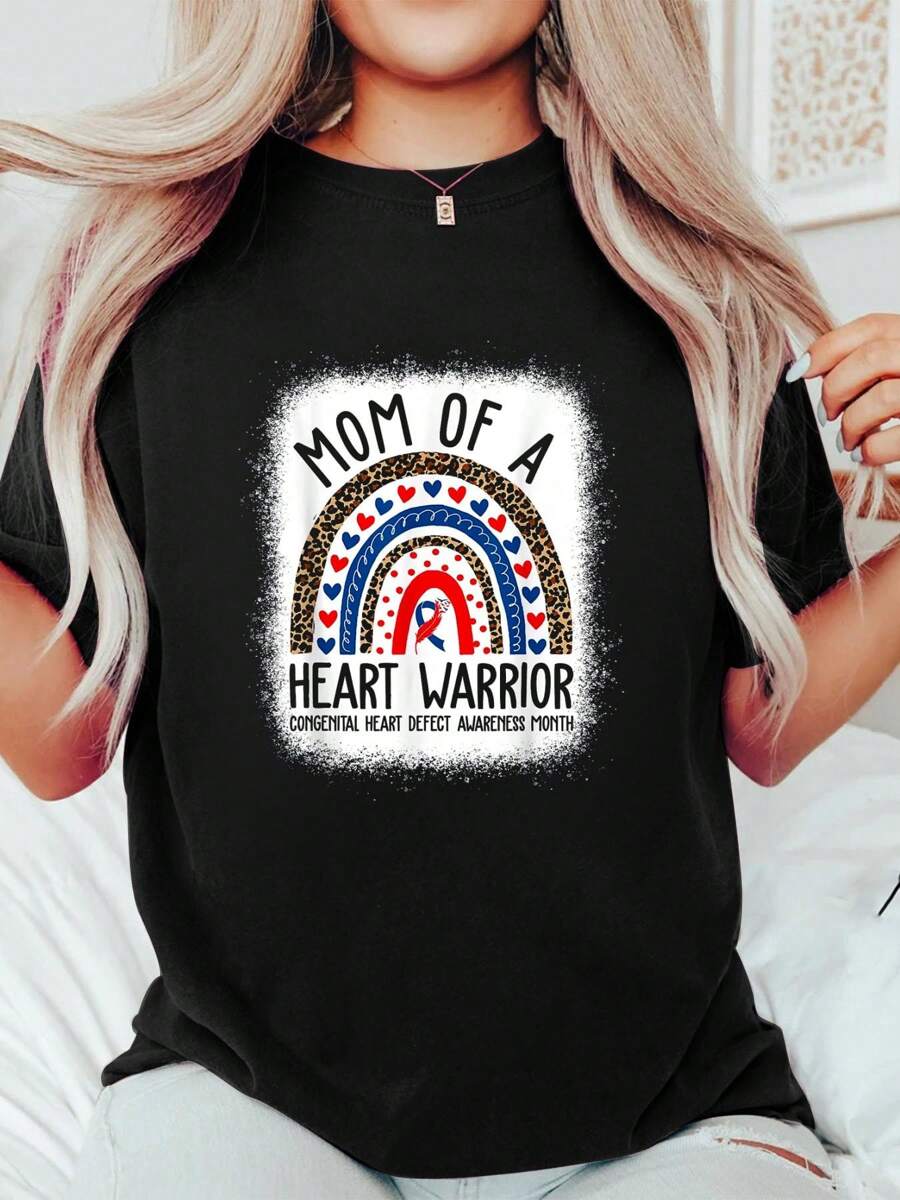 Mom Of A Warrior CHD Congenital Heart Defect Awareness Month T-Shirt 100% Cotton, Breathable & Comfort Fit, Short Sleeve Crew Neck Top For All Seasons - Black - View 1