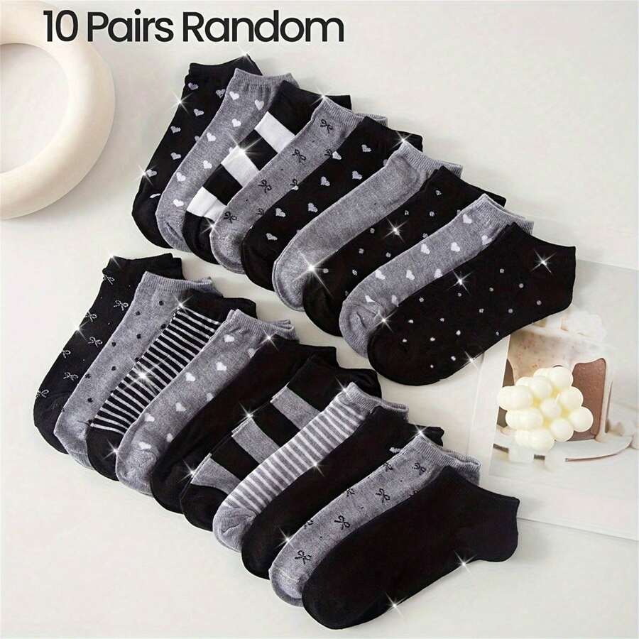 1/10/20 Pairs Women'S Ankle Socks, Black And Grey, Assorted Geometric Patterns, Comfortable Knit Fabric, Polyester 95%, Spandex 5%, 300g/M², Random Style Shipping - Multicolor - View 1