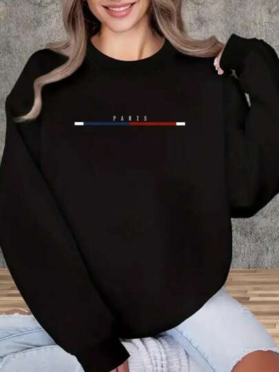 Moletom Feminino Gola Careca Estilo Plus Size Cor Preta Modelo: Paris Simples Casual - Lançamento/Promoção Especial 2025