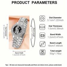 3pcs Women's Fashion Roman Numeral Rhinestone Dial Quartz Watch With Jewelry Set Of Necklace And Bracelet (No Box)