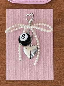 Black Number 8 Billiards Ball Heart Charm Elegant Silvery Heart & Faux Pearl Bow Pendant Y2K Accessories Bows
