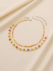 2pcs Boho Chic Beaded Pearl Flower Necklace Set, Handmade Lovely Necklaces For Women, Suitable For Vacation And Daily Wear - Yellow - View 2