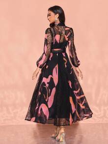 2pcs/Set Women Elegant Random Lace Print Dress, Formal, Party Dress, Gown, For Evening, Wedding Guest, For Valentine's Day - Black - View 2