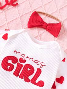 3Pcs Baby Girl Heart Print Romper Set Long Sleeve Triangle Bodysuit And Bell Bottom Pants With Bowknot Headband, Great For 0-1 Year Old Girls Spring Autumn