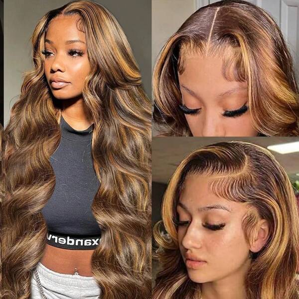 Ombre Highlight Lace Front Wigs Cabelo Humano 13x4 Body Wave P4/27 Perucas Coloridas Cabelo Humano Mel Loiro 13x4 Body Wave Lace Frontal 180% Pré-Selecionado Com Cabelo De Bebê Perucas Para Mulheres