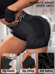 Women Sport Studio High Waisted Slim Shorts With Pockets Drawstring Legging Letter Printed Yoga Pants Soft Butt Lifting Training Running Cycling Fitness Tummy Control Active Bottoms Women Workout Studio Elastic Active Wear Casual Sweat Absorbent Breathable Tight Gym Compression Pickleball Exercise Black Letter Cropped