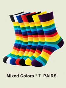1/3/7 Pairs Women Colorful Fashion Horizontal Striped Rainbow Mid-Calf Socks, Suitable For Casual Daily Wear - Multicolor - View 6