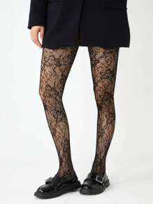 1pc Black Floral Jacquard Mesh Tights, Women Sexy Sheer Pantyhose Leggings'