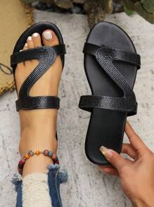 Women's Fashion High-End Casual Rhinestone Decor Flat Sandals - Black - View 2