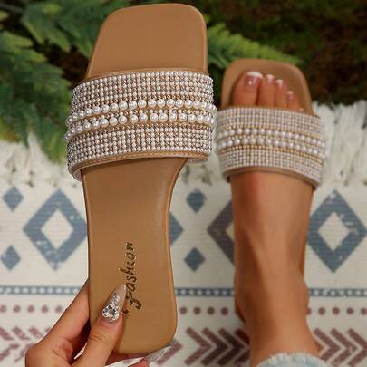 Plus Size Women Flat Sandals, Vacation Style, Casual Versatile Summer Slip-On With Diamond Decor