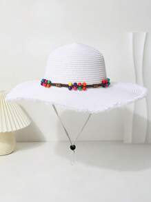 1pc Women's Colorful Beaded Decor Wide Brim Straw Hat, Breathable Summer Sun Protection With Drawstring, Suitable For Daily Matching, Beach Resort Travel, Photography, Fashion & Versatile - Straw Hat - View 4