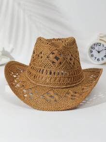 1 件男女通用绳饰镂空草编牛仔帽，纯色太阳帽，防风牛仔帽，非常适合户外海滩、休闲和 UPF 防护 - 白色 - 查看 4