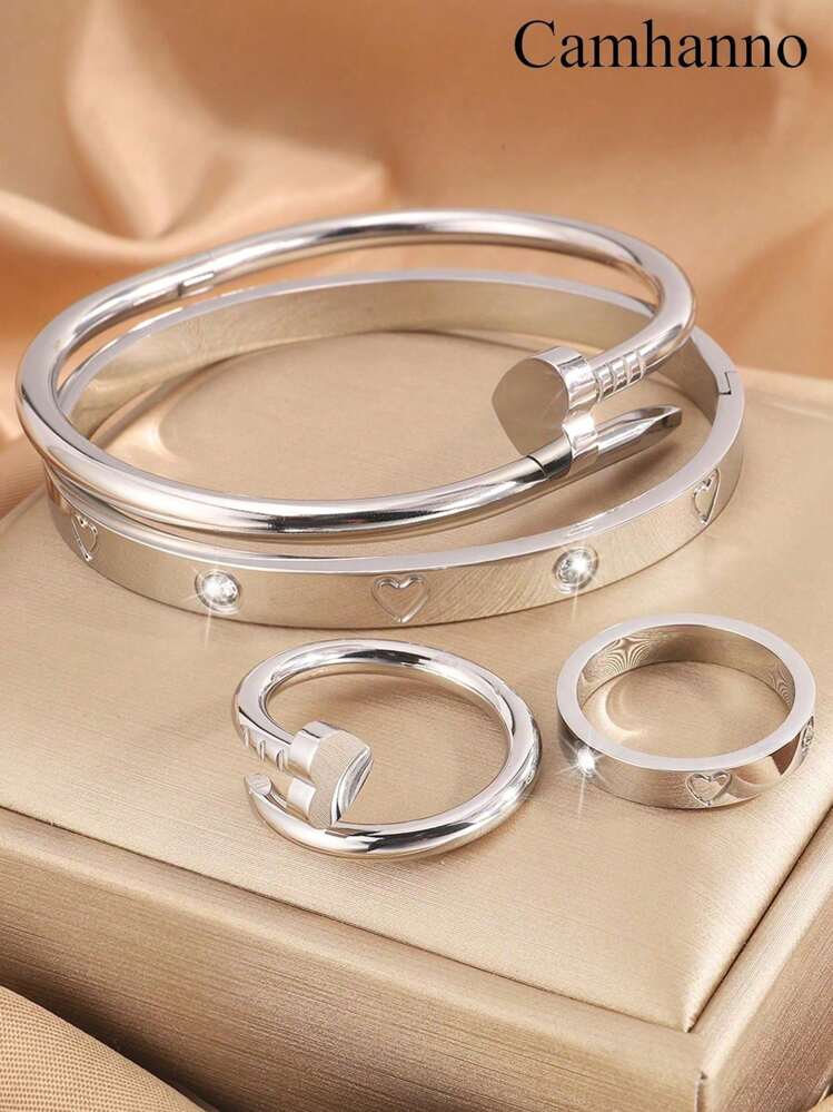 Camhanno Juego de 4 piezas exquisito, precioso y elegante, atmosférico y de moda, de acero inoxidable con clavo de amor + pulsera + anillo, adecuado para uso diario, vacaciones y regalos para novias - Plateado - Añade 10
