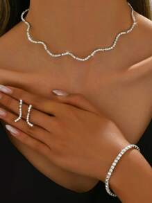 3 件几何铜新娘水钻项链、耳环和手链套装、婚礼派对礼服配饰