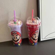 Super Mario Taza con aislamiento de doble pared con diseño temático de Super Mario, con pajita y tapa a prueba de fugas, de 16 onzas a prueba de derrames, con ilustraciones vibrantes de Super Mario, taza portátil excelente para acampada al aire libre, conducción y viajes