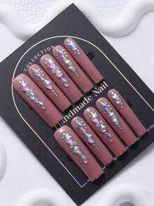 10pcs Long Water Drop Pink Nail Art Decals With Sparkling Rhinestones, Y2k, Hot Girl, Ins Style, Handmade, Elegant Design Suitable For Women & Girls Press On Nails