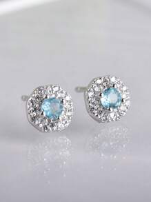 ITSMOS Topaz Earrings Blue Ear Studs Crystal Tiny Diamond Natural Gemstone Round Halo Earrings For Women Mother Gift