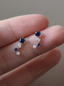 1 Pair S925 Sterling Silver Colored Cubic Zirconia Stud Earrings, High-Quality Elegant Jewelry For Daily Wear - Silver - View 3