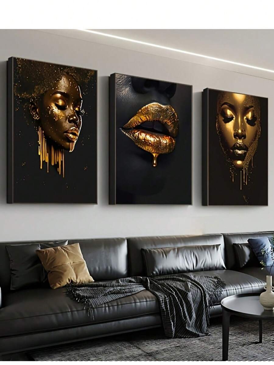 3pcs Chic African Woman Canvas Art Set - Golden & Black Portraits With Bold Lips, Modern Pop Style Wall Decor For Living Room, Bedroom, Home Office - Unframed, Intricate Textures & Patterns, African American Wall Art Gifts Birthday Graduation