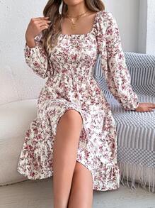 Autumn And Winter Leisure Vacation Small Floral Solid Color Square Neck Long Sleeve Women's Dress - trắng - Xem 6