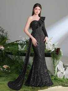 Teen Girl One Shoulder Sequin Side Draped Mermaid Party Dress