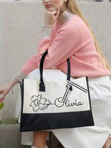Personalised Floral Canvas Large Tote Bag With Name And Ribbon Birthday Christmas Travel Accessories Gift For Her - Beige - View 4