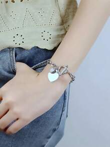 1 pezzo Braccialetto elegante a forma di cuore con strass in acciaio inossidabile, design minimalista versatile, delicato e dolce, ottimo regalo per amici/studenti, adatto per uso quotidiano