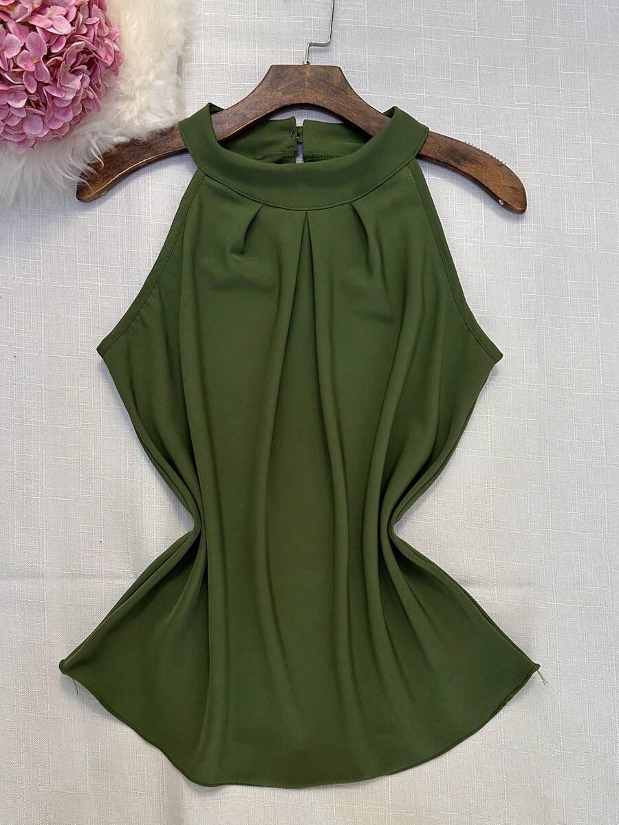 Blouse Back With Button Women's Fashion 0214 - Army Green - View 1