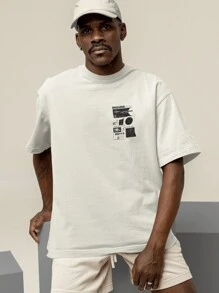 Oversized T-Shirt Turtleneck Unisex Streetwear 100% Cotton Urban Style Workout Casual Black And Off Whte Printed - 香檳色 - 查看 2