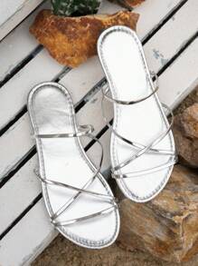 Women's Summer Fashion Versatile Butterfly Slide Sandals, Simple Solid Color Round Toe Flat Slippers For Indoor & Outdoor, Viral New Design - Silver - View 5