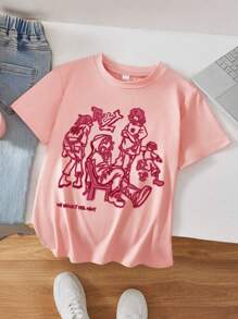 Teen Girl Cartoon Print Graphic Tees For Girl Short Sleeve T Shirts,Teen Girl's Summer Tops Crewneck Shirt Blouse,Suitable For School, Vacation And Shopping Outfits - Pink - View 1