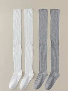 1 o 2 pares de calcetines hasta la rodilla para damas, calcetines gruesos blancos, calcetines largos hasta el muslo de color sólido a juego para botas