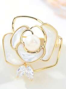 Camellia Flower Faux Pearl Anti-Exposure Brooch For Women, High-End Boutique Exquisite Lapel Pin Suit Accessory Coat Decor - White - View 9