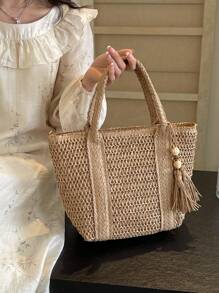 1pc Holiday Straw Shoulder Bag, Fashionable Woven Beach/Picnic Tote Bag With Tassel Decor, Casual Handmade Woven Bag Suitable For Gifts, Perfectly Matching With Vacation Outfits Women - Khaki - View 10