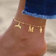 1pc Classic Initial Fishtail Conch Pendant Gold Color Stainless Steel Bead Chain Anklets For Women - Yellow Gold - View 1