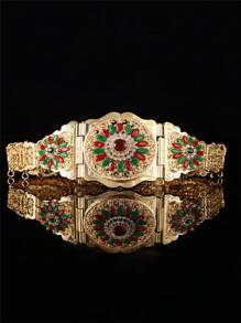 1pc Moroccan Luxury Women Long Robe With Gold Belt, Featuring Circular Floral Pattern Hollow Carving Inlaid With Abundant Rhinestones, Suitable For Females To Wear At Wedding Ceremony, Gala Dinner And Festival Occasions - Gold + White - View 1