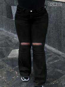 Plus Size Women's Simple Casual Fashion Washed Embossed Insert Pockets Hole Women's Stretch Skinny Bootcut Flare Jeans - màu đen - Xem 5