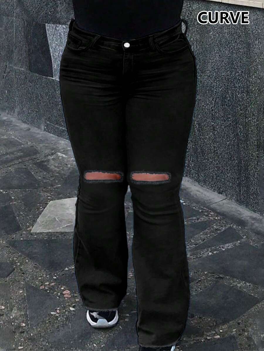 Plus Size Women's Simple Casual Fashion Washed Embossed Insert Pockets Hole Women's Stretch Skinny Bootcut Flare Jeans - màu đen - Xem 1