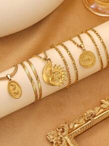 3pcs Stainless Steel Vintage Necklace Set, Moon, Star & Eye Pendant Design, Suitable For Women's Daily Wear Or Gift - Yellow Gold - View 3