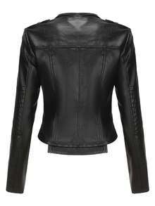 Women's Fashion Black PU Leather Motorcycle Jacket, Lapel Collar, Full Zip And Pockets, Short Length Long Sleeve, Suitable For Autumn And Spring - Black - View 6